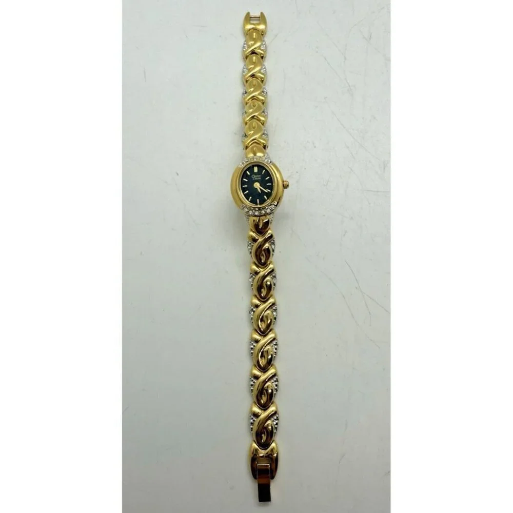 Vtg Caravelle by Bulova Quartz Womens Oval Watch Two Tone Black Face Rhinestones